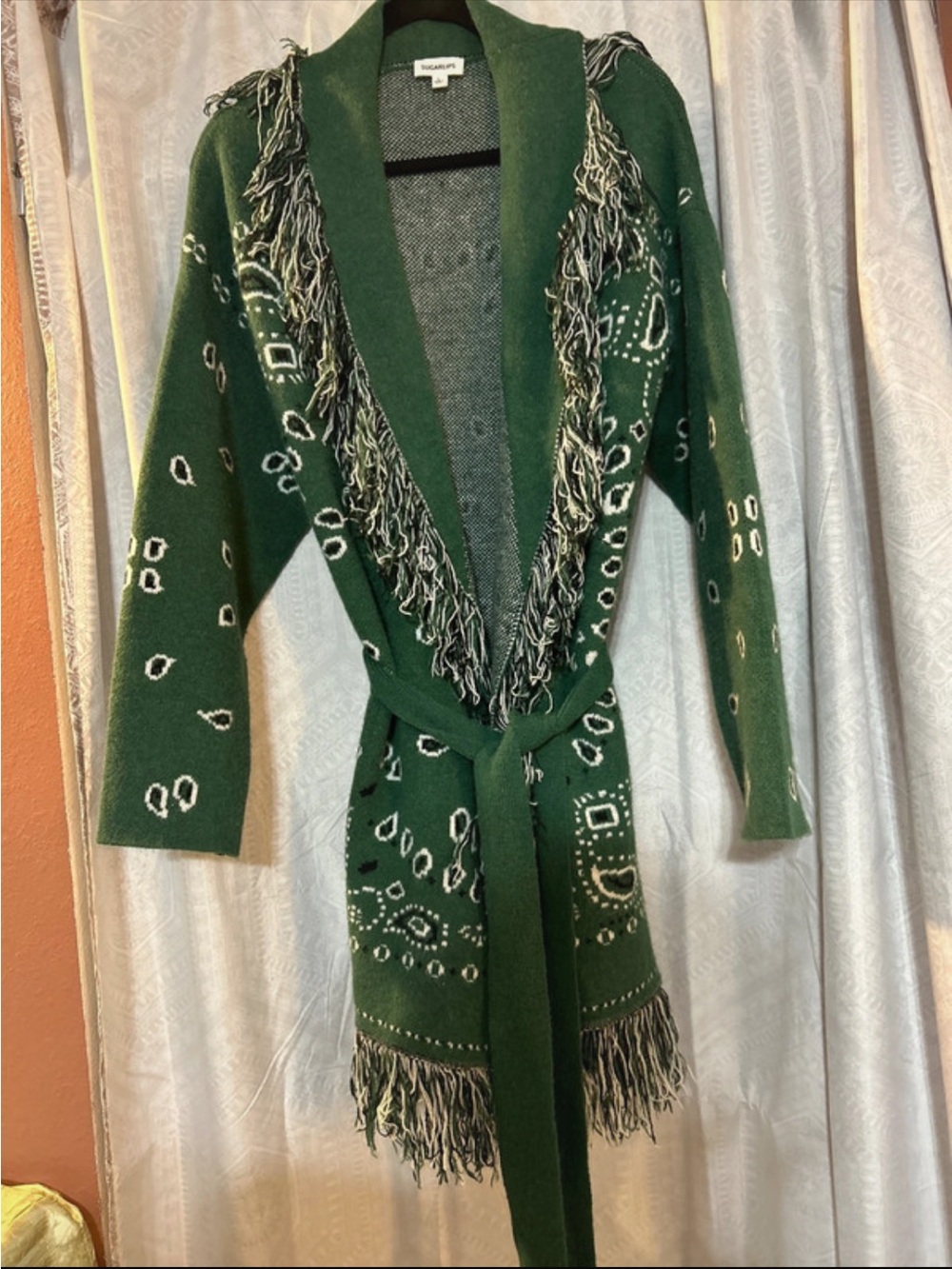 Sugarlips Forest Green Fringe Belted Cardigan with Ivory Accents VGUC